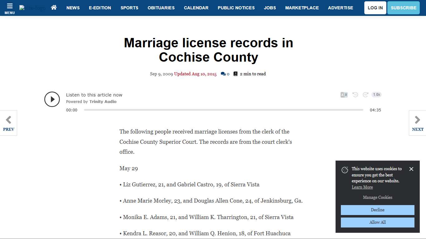 Marriage license records in Cochise County | myheraldreview.com